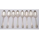 Eight Georgian silver Hanoverian pattern tablespoons, most marks worn,