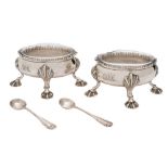 A pair of George III silver oval salts, maker D & R Hennell, London, 1763: initialled,