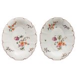 A pair of Derby dishes: of oval scalloped form,