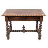 A late 17th/early 18th Century Flemish walnut and ivory inlaid rectangular side table:,