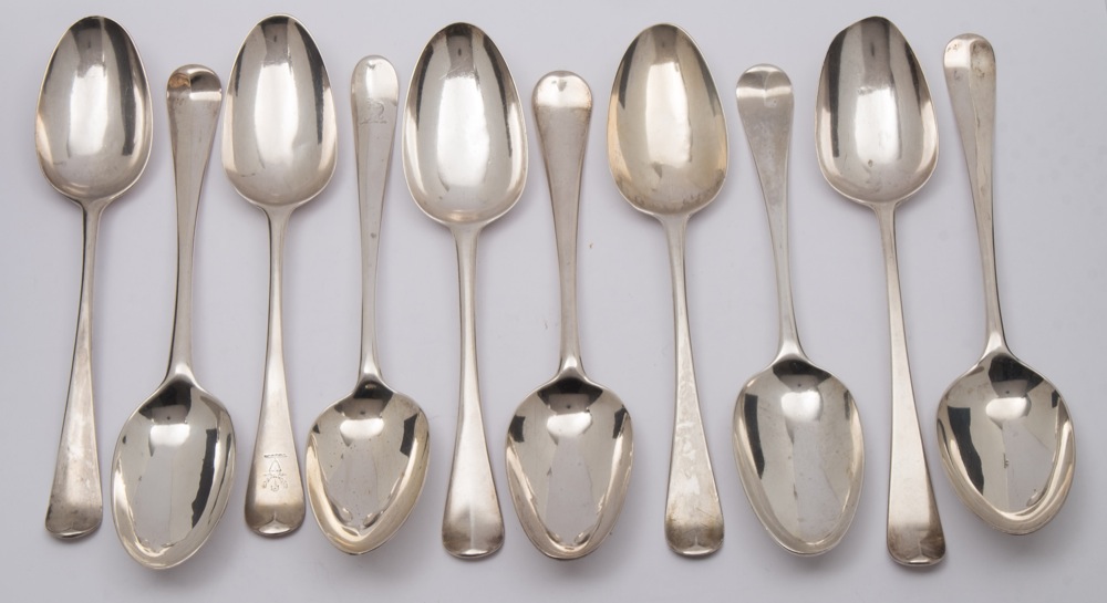 Ten Georgian silver Hanoverian pattern tablespoons, various makers and dates: some initialled,