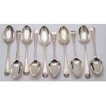 Ten Georgian silver Hanoverian pattern tablespoons, various makers and dates: some initialled,