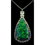 A sugared black opal and diamond pear-shaped pendant: the pear-shaped sugared black opal