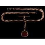 A 9ct gold, graduated curb-link watch chain: with 9ct gold t-bar and gilt metal,