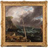 Manner of Philip de Loutherbourg, Circa 1800- Stormy coastal scene, shipwrecks in the foreground,