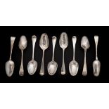 Five George II silver Hanoverian pattern tablespoons, maker Paul Hanet, London, 1738: crested,