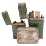 A silver and mother of pearl box and two shagreen cases: the former of rectangular form,