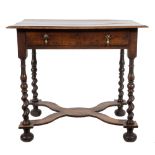 A William and Mary oak rectangular side table:, the overhanging top with a moulded edge,