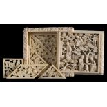 A 19th century Chinese carved ivory tangram puzzle: of square outline with sliding cover carved