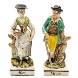 A pair of Staffordshire pearlware figures 'Mower' and 'Mate': the mower holding a scythe,