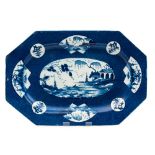 A Bow blue and white porcelain octagonal dish: painted with oval,