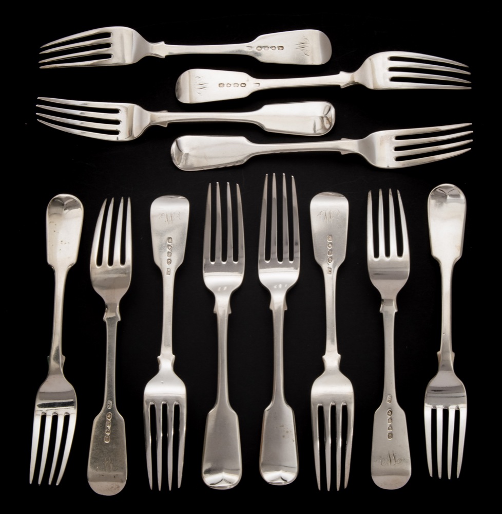 A set of twelve Victorian fiddle pattern table forks, maker Jacob Wintle, London, 1844: initialled.