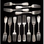 A set of twelve Victorian fiddle pattern table forks, maker Jacob Wintle, London, 1844: initialled.