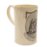 A late 18th century creamware Commemorative mug: of cylindrical form with grooved loop handle,
