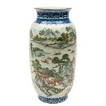 A Chinese famille verte 'landscape' vase: of lantern form,