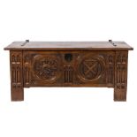 A Contemporary carved oak coffer in the Medieval taste:, by Stuart Interiors,