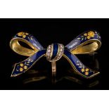An 18ct gold and diamond mounted blue enamelled 'ribbon' brooch: approximately 43mm long,
