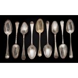 Nine Georgian silver Hanoverian pattern tablespoons, various makers and dates: some initialled,