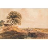 Peter De Wint [1784-1849]- A rural landscape with horse drawn cart crossing a bridge in the