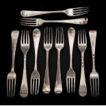 Ten assorted George III and later silver Old English pattern table forks,