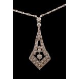 An art deco style, 18ct white gold and diamond mounted pendant: millegrain-set with graduated round,