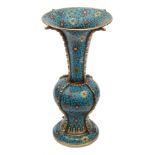 A large Chinese cloisonne enamel yen yen vase: the baluster body and trumpet neck with four raised