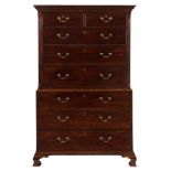 A George III mahogany chest on chest:, the upper part with a moulded cornice,