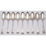 Nine Georgian silver Hanoverian pattern tablespoons, various makers and dates: some initialled,