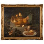 Manner of Jean Baptiste Oudry, late 18th Century- Hen and Chicks outside a coop,
