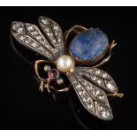 A diamond and gem-set bee brooch: with outstretched wings pave-set with rose-cut diamonds,