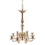 A gilt brass eight-branch chandelier: with foliate decorated urn-shaped nozzles,