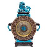 A blue glazed Chinese style mantel clock: the eight-day duration movement striking the hours and