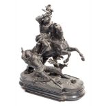 A large bronzed spelter figure group of knights in combat: depicting a mounted knight charging down