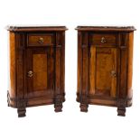 A pair of French walnut and crossbanded pedestal cupboards:, of slightly bowed breakfront outline,