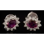 A pair of ruby and diamond oval cluster ear-studs: each with a central oval ruby 6.3mm long x 4.