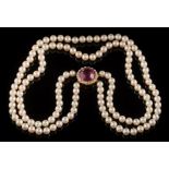 A cultured pearl two-string necklace: with strings composed of sixty-five and sixty-eight cultured