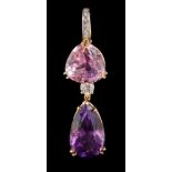 A modern kunzite, amethyst and diamond pendant: with tear-drop amethyst approximately 23mm long,