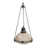 A Victorian opaque glass ceiling light: the domed and fluted shade supported on a bronzed metal