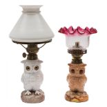 Two Continental table lamps in the form of owls: each seated bird with glass eyes,