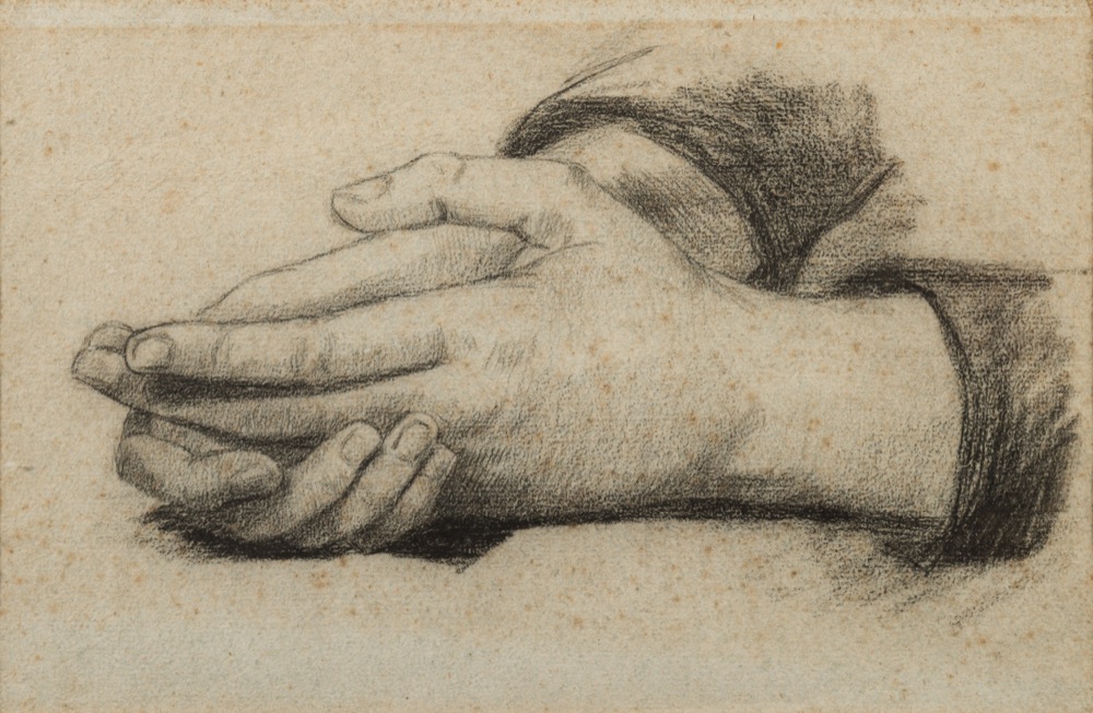 Thomas Cooper Gotch [1854-1931]- Study of Clasped hands,:- charcoal drawing on paper, 16.5 x 25.5cm.