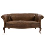 A Swedish Chesterfield style sofa:, upholstered in plain brown leather, on cabriole front legs,