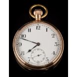 A gentleman's 9ct gold open face pocket watch: the white enamelled dial with Arabic numerals and