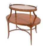 An Edwardian satinwood banded inlaid and decorated oval two tier graduated Etagere:,