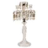 A figural glass candelabra: modelled with a moulded frosted glass female figure on a lobed domed