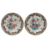 A pair of Chinese famille rose plates: each painted in bright colours with a bird,