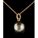 A single cultured black pearl pendant: the cultured pearl approximately 14mm x 13mm suspended from