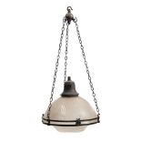 A Victorian opaque glass ceiling light: the domed and fluted shade supported on a bronzed metal
