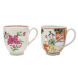 Two First Period Worcester coffee cups: one painted in famille rose Mandarin style with four