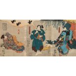 After Utagawa Kuniyoshi, a woodblock triptych of Japanese actors: as Samurai warrior and bijins,