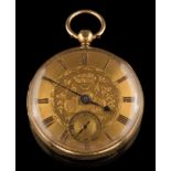 A gentleman's 18ct gold key-wound, open face pocket watch: the foliate engraved dial 43mm diameter,